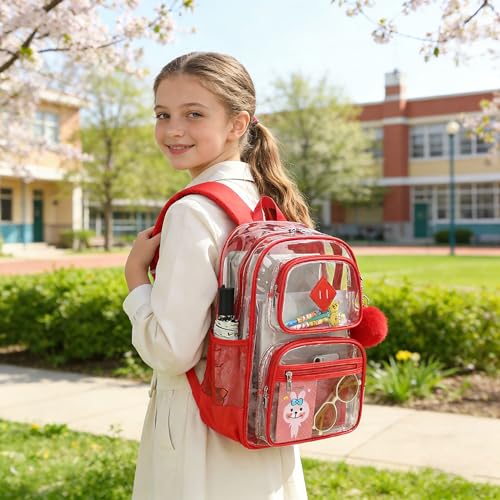 Heavy Duty Clear Backpack for Girls Boys Transparent School Bookbag Kids Durable PVC See Through Backpack-Red - color: Red