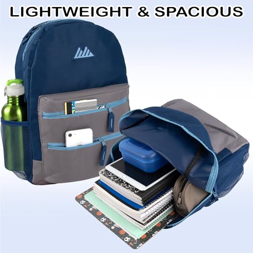 Summit Ridge Colorful Big Backpack for School Kids, Multi Pocket Backpack for Elementary, Middle School Girls, Boys with Padded Straps (Navy/Grey) - color: Navy/Grey
