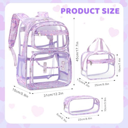 ACESAK Clear Backpack for Girls - 3 Pcs Clear Backpack Heavy Duty with Lunch Bag - See Through Bookbag Stadium Approved for Kids Middle High College School(Purple) - color: Purple