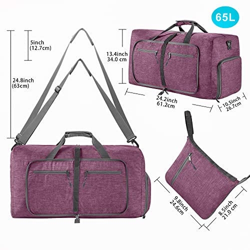 Vomgomfom 65L/85L/115L Foldable Travel Duffle Bag, Lightweight Checked Luggage with Shoe Compartment, Water-Resistant Weekender Overnight Bag for Men & Women - color: I Purple, size: 85L