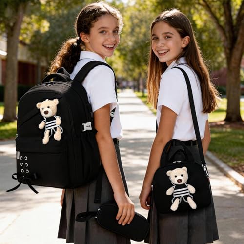 ACESAK School Backpack for Girls - 3 PCS Cute Girls Backpack with Lunch Box & Pencil Case - Kawaii Casual Kids Bookbag School Bag Daypacks Set for Elementary Middle High School Student Teens (Black) - color: Black