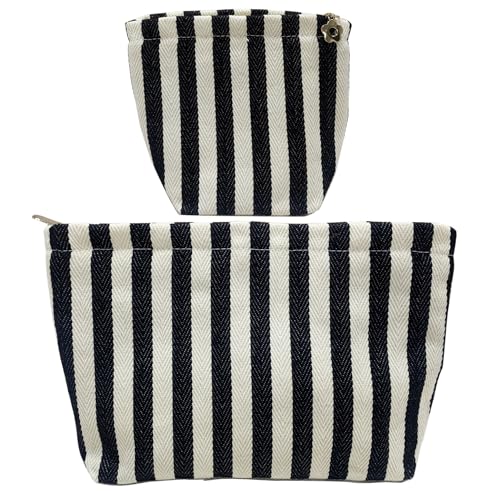 getgto 2 Pcs Makeup Bags, Large Cosmetic Bag Travel Toiletry Bag Organizer for Women, Embroidery Craft, Stripe Makeup Bag Small Cosmetic Pouch Purse with Zipper Gifts for Girls Teen - color: Black and white stripe