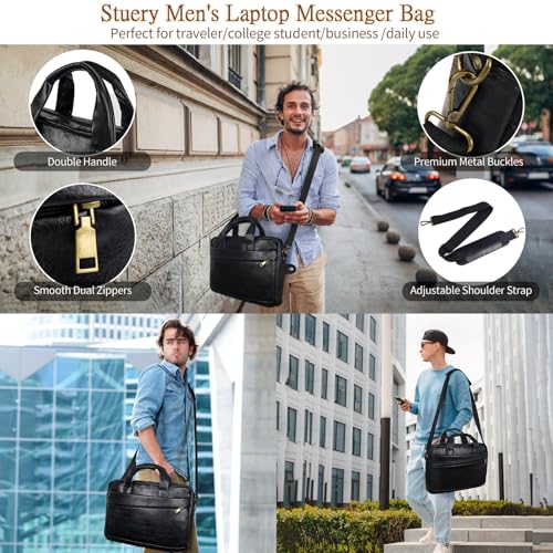Stuery Faux Leather Messenger Bag for Men 15.6 Inch: Laptop Bag Briefcase Computer Handbags Shoulder Crossbody Bag with Padded Laptop Sleeve for Work College Travel, PU Black - color: Pu Small Black