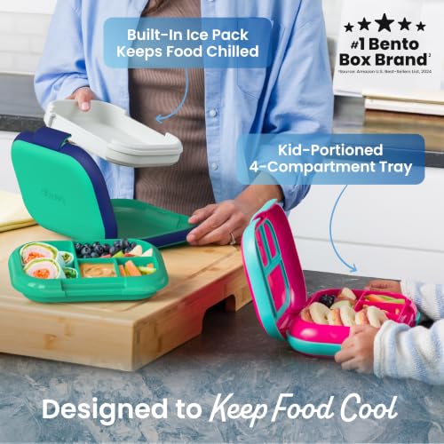 Bentgo Chill Kids Leakproof Lunch Box - 4-Compartment Bento Box with Built-In Ice Pack, 3.3 Cup Capacity, BPA-Free, Microwave & Dishwasher Safe Tray, Ages 3–7 (Green/Navy) - color: Green/Navy