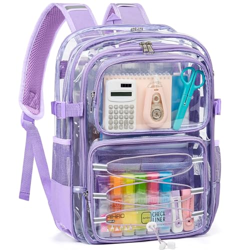 Heavy Duty Clear Backpack for School 360° Reflective Strips Clear Bookbag Transparent PVC Backpack with Multiple Compartments See Through Bag for College Work Travel Security - color: Purple