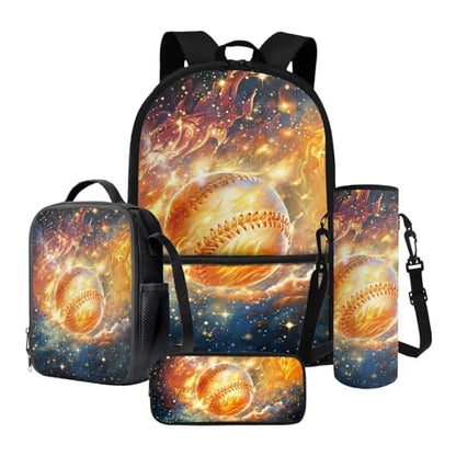 4 Piece Backpack Set for Girls and Boys Laptop Backpack Lunch Bag Pencil Case Lightweight Water Bottle Carrier Casual School Bookbag Set, Baseball Flame Starry Sky - color: Baseball Flame Starry Sky