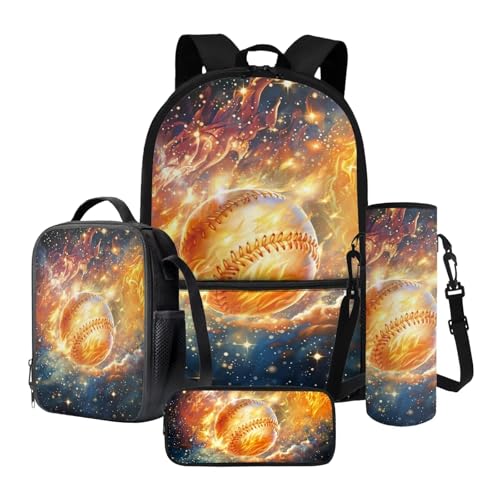 4 Piece Backpack Set for Girls and Boys Laptop Backpack Lunch Bag Pencil Case Lightweight Water Bottle Carrier Casual School Bookbag Set, Baseball Flame Starry Sky - color: Baseball Flame Starry Sky