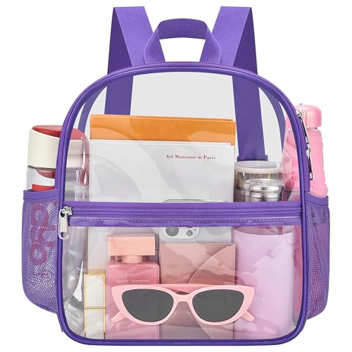 Oraben Clear Backpack Stadium Approved, 12 x 6 x 11 in, Small Transparent Backpack for Concerts, Sports Events, Festivals, Travel, Waterproof PVC, Adjustable Straps, Women Men - color: Purple, style: Nylon Shoulder Straps