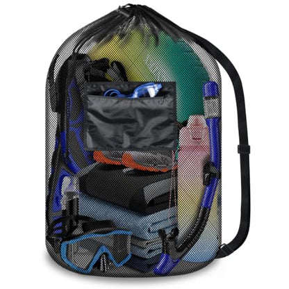 BROTOU Drawstring Backpack Gym String Bag with Pocket for Men Women Heavy Duty Mesh Bag Sport Equipment Bag for Swimming Yoga Beach Laundry - color: Black