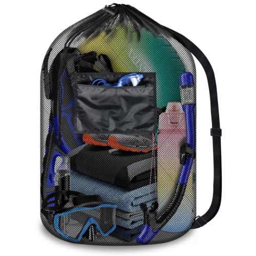 BROTOU Drawstring Backpack Gym String Bag with Pocket for Men Women Heavy Duty Mesh Bag Sport Equipment Bag for Swimming Yoga Beach Laundry - color: Black