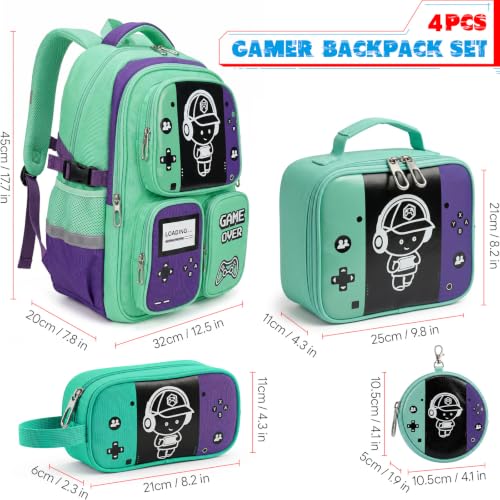 Boys Backpack, Luminous Gamer Backpack for Boys with Lunch Box,Pencil Case and Coin Puese,Kids Schoolbag Bookbag for Teen Boy Elementary Middle High School Travel(Green-Purple) - color: Green-purple
