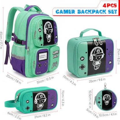 Boys Backpack, Luminous Gamer Backpack for Boys with Lunch Box,Pencil Case and Coin Puese,Kids Schoolbag Bookbag for Teen Boy Elementary Middle High School Travel(Green-Purple) - color: Green-purple