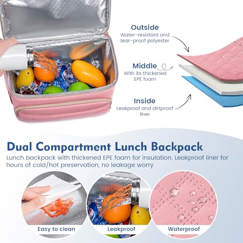 Backpack Cooler Lunch Backpack Double Decker Lunch Box,Insulated Backpack Lunch Cooler Bag, Lightweight Leakproof Lunchbox Backpack for Women Men to Travel,Picnic,Hiking,Beach,Camping - color: Pink