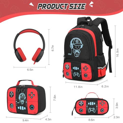 Bevalsa Backpack for School Boys,Cool Luminous Gamer Boys Backpacks with Wired Headphones Lunch Box Pencil Case,Kids Schoolbag for Teens Kindergarten Elementary School(Red Backpack with Headphones) - color: Red, style: Backpack With Headphones