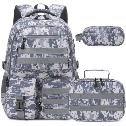DIGOBAY Camo Backpack for Boys, Tactical Boys Backpack for School, Kids Backpack With Lunch Box Pencil Case USB Charging Port Military Army Book Bags for Boy Teens Kids Elementary Middle High School - color: Dark Grey Camo
