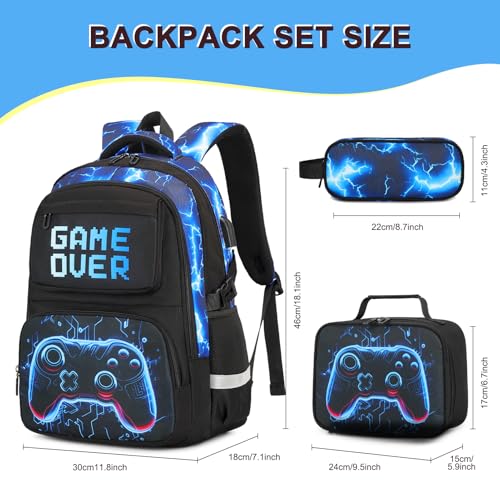 Scothen 3PCS Boys Backpack Set, Cool Backpack for Boys with Lunch Bag & Pencil Case, Kids School Bag Teen Boy Bookbag for Kindergarten Elementary Middle School with USB Charging Port - color: Futuristic Blue Lightning