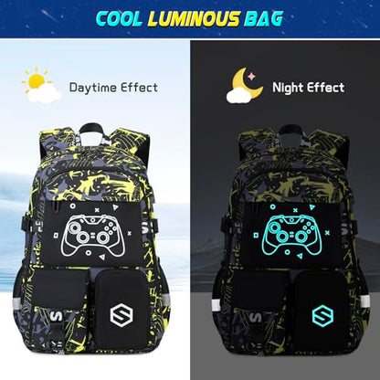 Scothen Boys Backpack, Cool Luminous School Backpacks for Boys with Lunch Bag Pencil Case, Kids Backpack Kindergarten Elementary Middle School Book Bags for Teen Boys Children with USB Charging Port - color: Yellow Graffiti