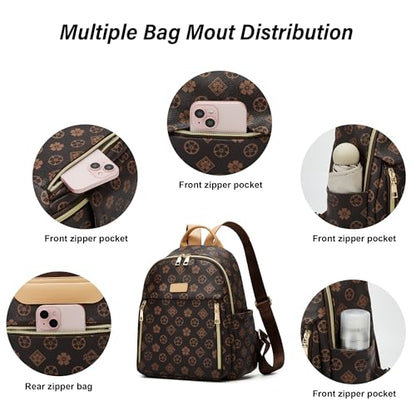 Makes Mini Backpack for Women, Stylish Daypack Purse Handbag Small Casual Daily Travel Bag, Lady Girls Gifts for Work School, 2pcs Sets - color: Coffee Flower