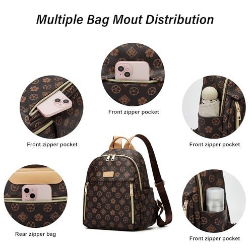 Makes Mini Backpack for Women, Stylish Daypack Purse Handbag Small Casual Daily Travel Bag, Lady Girls Gifts for Work School, 2pcs Sets - color: Coffee Flower