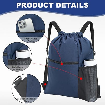 HOLYLUCK Men & Women Outdoor Sport Gym Sack Waterproof Drawstring Backpack Bag (Standard with width webbing, Navy Blue-1) - color: Navy Blue-1, style: Standard With Width Webbing