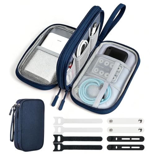 Travel Essentials Electronics Organizer, Double Layers Cable Organizer Bag for 3ft+ Cords, Waterproof Tech Pouch for Charger, Phone & Airplane Gadgets, Navy Blue - color: Navy Blue, size: Medium