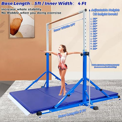 Marfula Gymnastic Bar For Kid and Teenage of 3-25, 5Ft/8 FT Base Length 4Ft Width 5Ft Adjust Height, Gymnastic Kip Bar For Gymnast, Gymnastic Training Equipment For Professional Training Home Club Use - color: Bar With Mat-Blue (5 Ft Base)