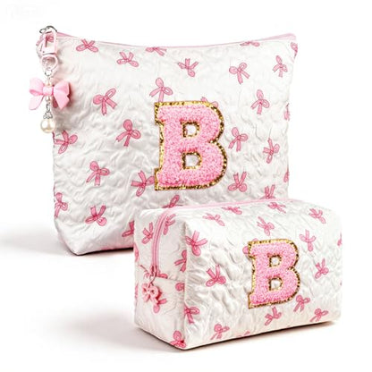 Initial Makeup Bag, Valentines Day Gifts for Women Teens Girls Birthday Gift Personalized Bow Cosmetic Bag, Quilted Cosmetic Travel Toiletry Pouch, Cute Makeup Organizer Teen Girl Gifts Trendy Stuff B - color: B