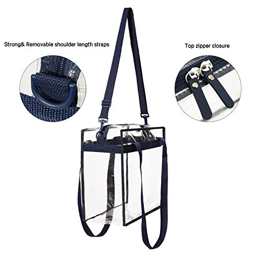 BAGAIL Clear Bags 12x6x12 Stadium Approved Clear Tote Bag with Zipper Closure Crossbody Shoulder Bag with Adjustable Strap - color: Navy