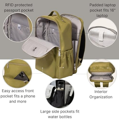 Baggallini Tribeca Expandable Laptop Backpack - 15"x11" Lightweight RFID Computer Bag for Work & Travel with Luggage Sleeve - color: Sage Twill