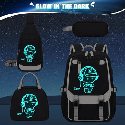 Bevalsa Backpack for Boys, Cool Luminous Boys Backpack with Sling Bag, Lunch Box & Pen Case, School Bags for Kids Children Teens Elementary Middle Schools, Bookbag Glow In The Dark (Black) - color: Black