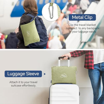 BEDELITE Travel Blanket with Bag, Ultra-Soft Jacquard Fleece Blanket with Luggage Sleeve & Backpack Clip, Airplane Blanket Travel Essentials, Sage Green - color: Sage Green