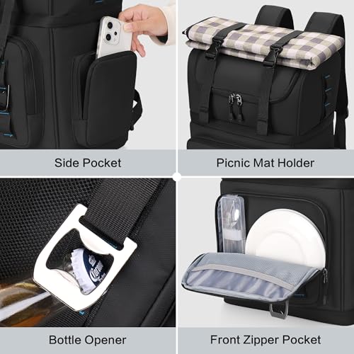 Large Waterproof Insulated Cooler Backpack for Men & Women, Double Decker Leak Proof Cooler Backpack for Beach, Camping, Picnic, Travel, 26L, 44Cans - color: Black