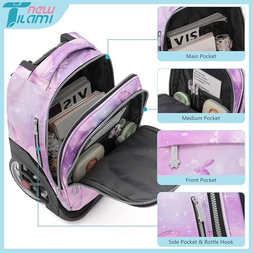 NEW TILAMI 19 Inch Rolling Backpack with Lunch Bag for Girls Boys Wheeled Laptop Backpack Durable Carry-on Bag School Travel, Evening Butterfly - color: Purple Evening Butterfly