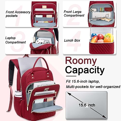 Weitars Lunch Backpack for Women,15.6 Inch Laptop Backpacks Travel Backpack for Women,Work Back pack,Teacher Nurse Back pack Insulated Lunchbox Backpacks - color: Wine Red