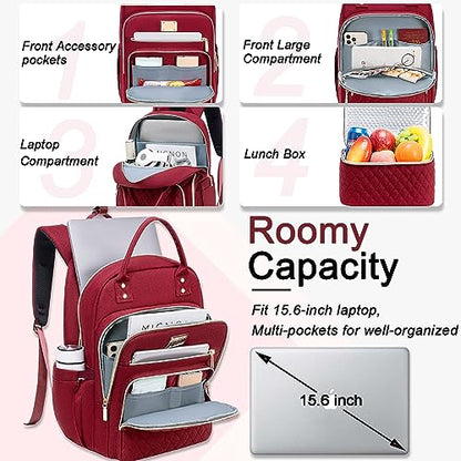 Weitars Lunch Backpack for Women,15.6 Inch Laptop Backpacks Travel Backpack for Women,Work Back pack,Teacher Nurse Back pack Insulated Lunchbox Backpacks - color: Wine Red