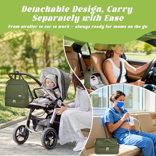 Breast Pump Bag with Insulated Cooler, Double-Layer Pumping Bag for Work & Travel, Fits Most Electric Breast Pumps, Includes 10 Ice Packs & Waterproof Mat, Detachable Bottle Cooler Tote, Green - color: Green