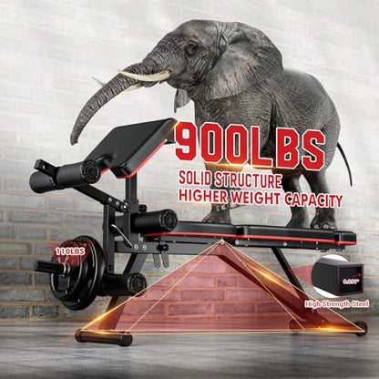 XDDIAS Workout Bench, Adjustable Weight Bench with Leg Extension and Leg Curl, Extended Headrest, 900LBS Preacher Curl Bench Incline Decline Flat Workout Bench for Home Gym Full Body Exercise - color: Glossy+a pair of 55LB Dumbbells