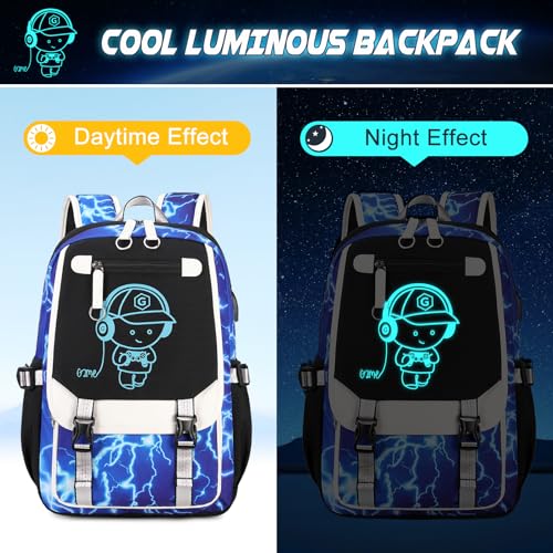 Bevalsa Backpack for Boys, Cool Luminous Boys Backpack with Sling Bag, Lunch Box & Pen Case, School Bags for Kids Children Teens Elementary Middle Schools, Bookbag Glow In The Dark (Lightning) - color: Lightning