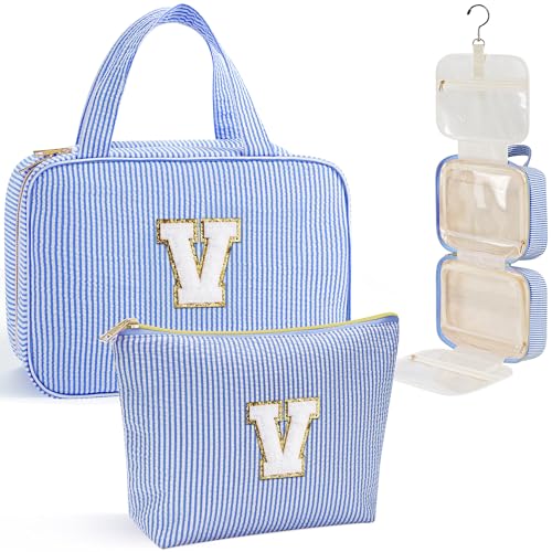 YOOLIFE Travel Toiletry Bag for Women - Hanging Toiletry Bag Makeup Bag, Portable Toiletries Cosmetic Bag, Airplane Travel Essentials - Letter V, Blue - color: Blue, style: V