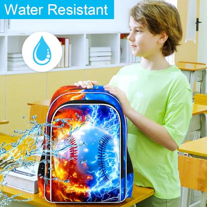 AGSDON 3PCS Baseball Backpack for Boys, 17" Kids Bookbag with Lunch Box for Boy, Flame Thunder Backpacks Water Resistant and Lightweight for Teen - color: Baseball