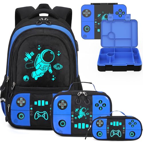Bevalsa Backpack for Boys with 43OZ Bento Lunch Box,Insulated Lunch Bag & Pencial Case,Cool Luminous Gamer Schoolbag for Kids Teens Elementary Middle School,Bookbag Glow In The Dark - color: Blue Astronaut, style: Backpack With 43oz Bento Box