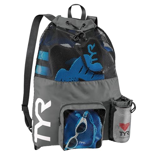 TYR Big Mesh Mummy Backpack for Swim, Gym and Workout Gear, Black, 40-Liter Capacity - color: Grey