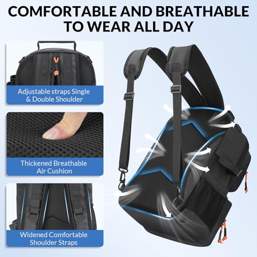 THKFISH Fishing Backpack with Tackle Boxes, 20L Waterproof Tackle Sling Bag with Lures Kit, Fish Lip Gripper, Pliers, Scissors, Fishing Gifts for Men Women - color: Black Fishing Backpack with Tackle Boxes