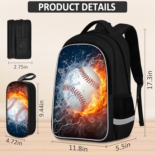 School Backpack for Boys - 4pcs Baseball Boys Backpack with Lunch Box and Pencil Case for Kids Children Teens Elementary Middle School - Students Bag for Ages 6-18,17″Bookbag Travel Back Pack - color: Baseball-03-backpack Set