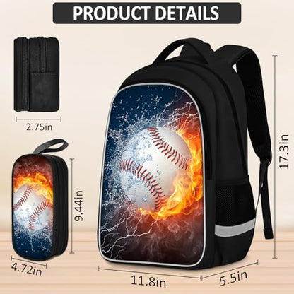 School Backpack for Boys - 4pcs Baseball Boys Backpack with Lunch Box and Pencil Case for Kids Children Teens Elementary Middle School - Students Bag for Ages 6-18,17″Bookbag Travel Back Pack - color: Baseball-03-backpack Set