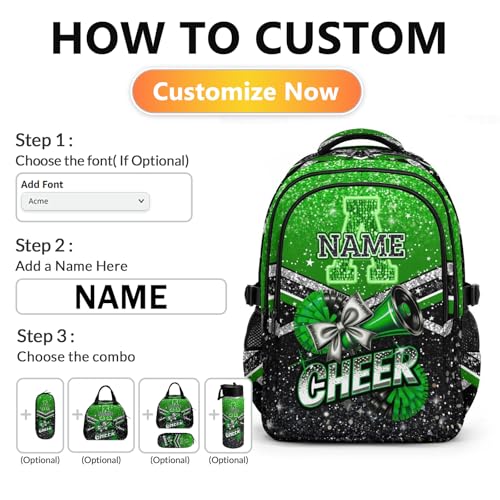 Custom Cheer Backpack for School, Cute 17 Inch Lightweight Cheerleading Initial Backpacks Gift for Team Camp Picnic Travel Gym - color: Green