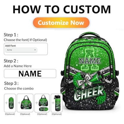 Custom Cheer Backpack for School, Cute 17 Inch Lightweight Cheerleading Initial Backpacks Gift for Team Camp Picnic Travel Gym - color: Green
