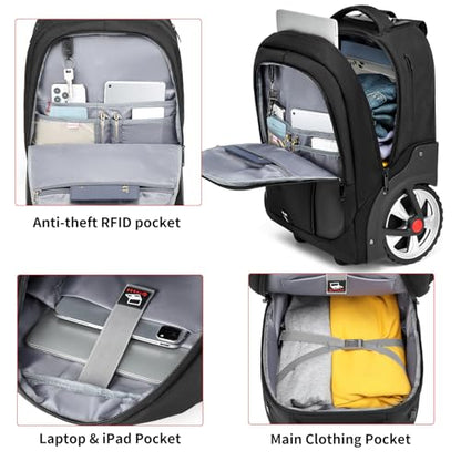 18Inch Rolling Backpack, Waterproof Wheeled Laptop Backpack, 40L, Black, Unisex, Modern Travel Daypack - color: Black, size: 18IN