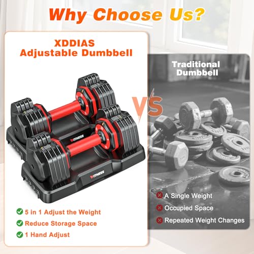 XDDIAS Adjustable Dumbbells Set of 2 for Strength Training, One-Hand Quick Adjust, 25/55/80/90 lbs Options, Anti-Slip Grip Handle, Compact Home Gym Weights for Men Women - color: Basic 5-Level 25LB Pair
