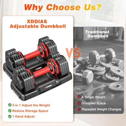 XDDIAS Adjustable Dumbbells Set of 2 for Strength Training, One-Hand Quick Adjust, 25/55/80/90 lbs Options, Anti-Slip Grip Handle, Compact Home Gym Weights for Men Women - color: Basic 5-Level 25LB Pair